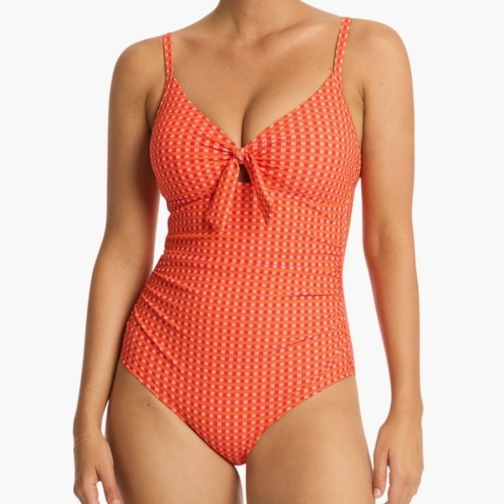 Gingham Tie-Front One-Piece Swimsuit in Coral Orange